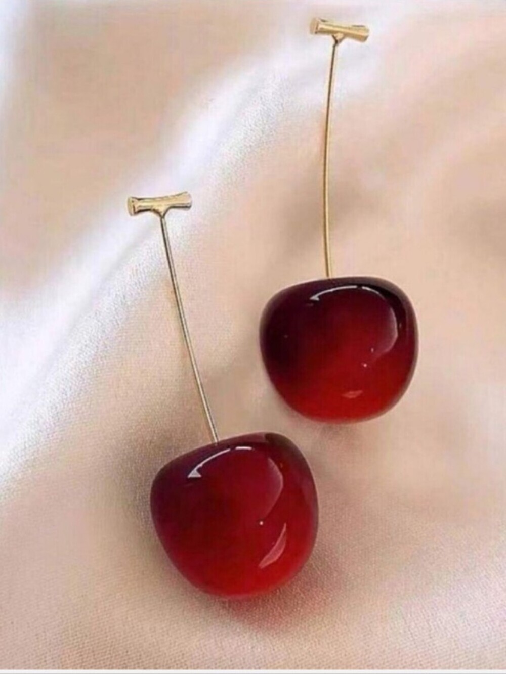 Cherry Drop Earrings with Gold Stem - Deep Red